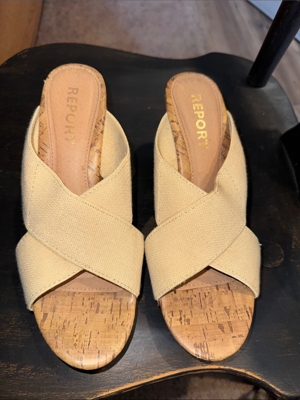 Report Beige Crisscross Cork-Platform Slide Mules